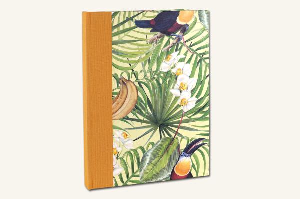 Writing book with motif Ara, colorful, palm leaves